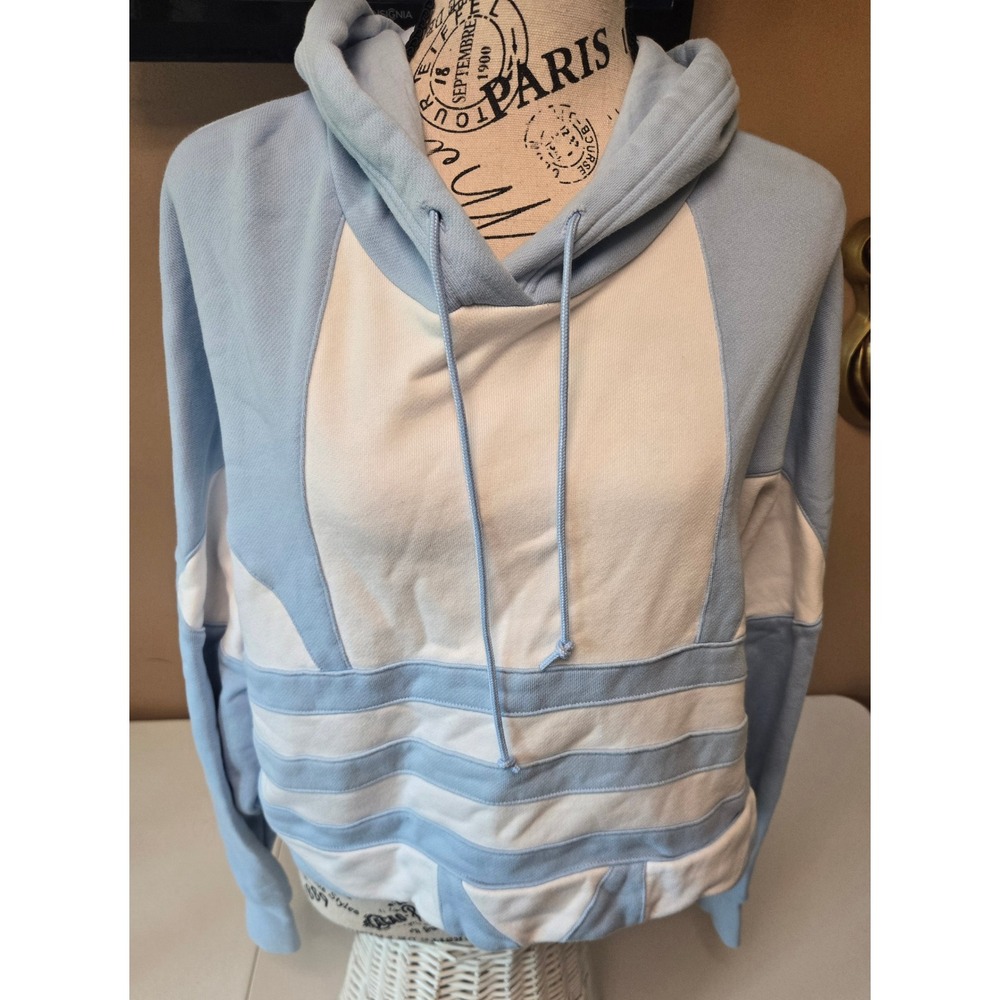 Adidas Originals Womens M Blue White Cropped Hoodie Colorblock Trefoil Pullover